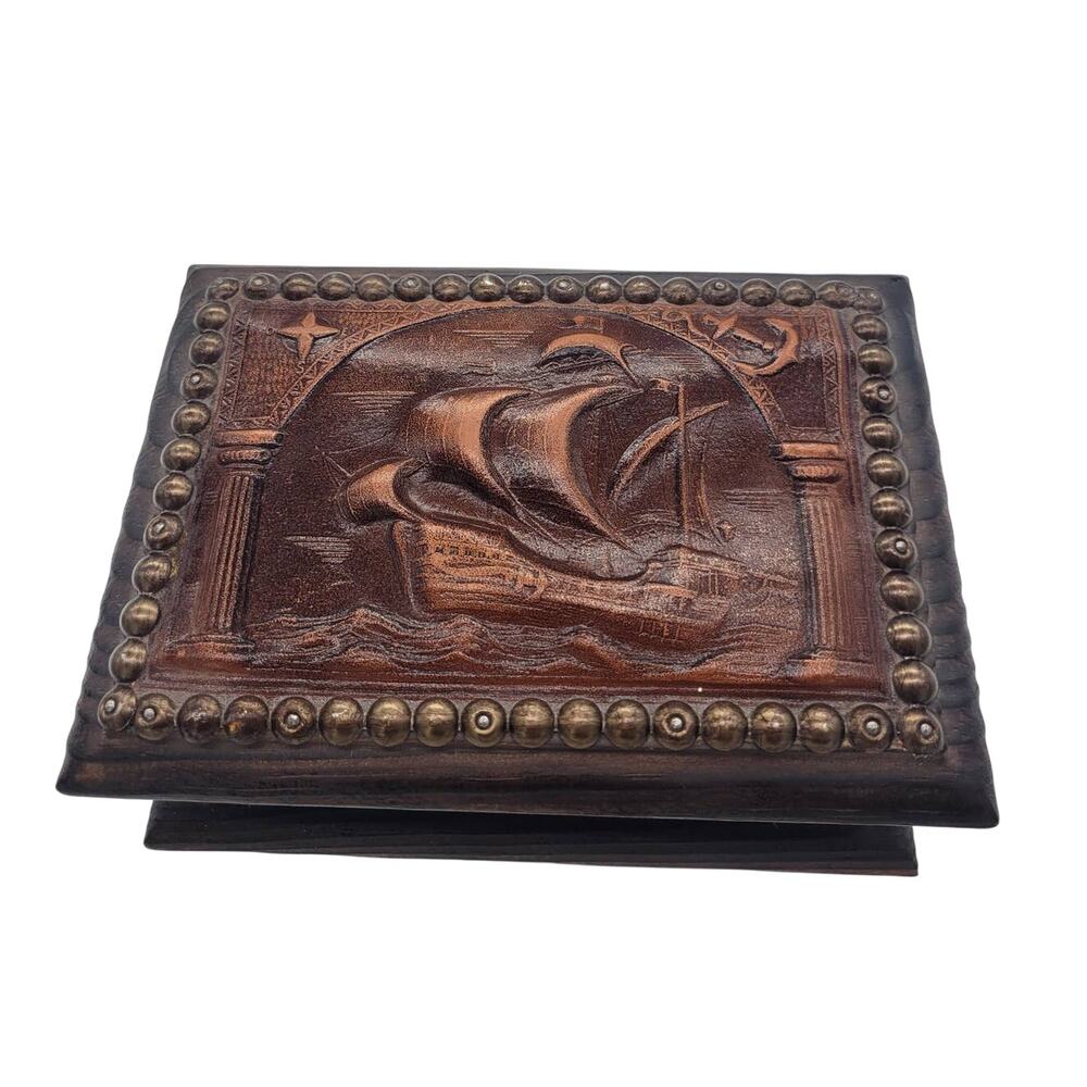 Nautical Ship anchor Hand Carved Wooden Trinket Box Hinged Lid Size 7.5"x5.5"x3"